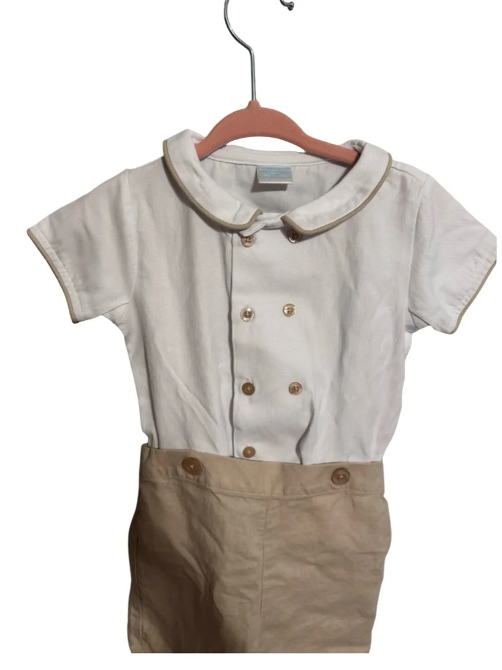 Edgehill Collection Boys 12M Shortall Romper White Tan Peter Pan Collar